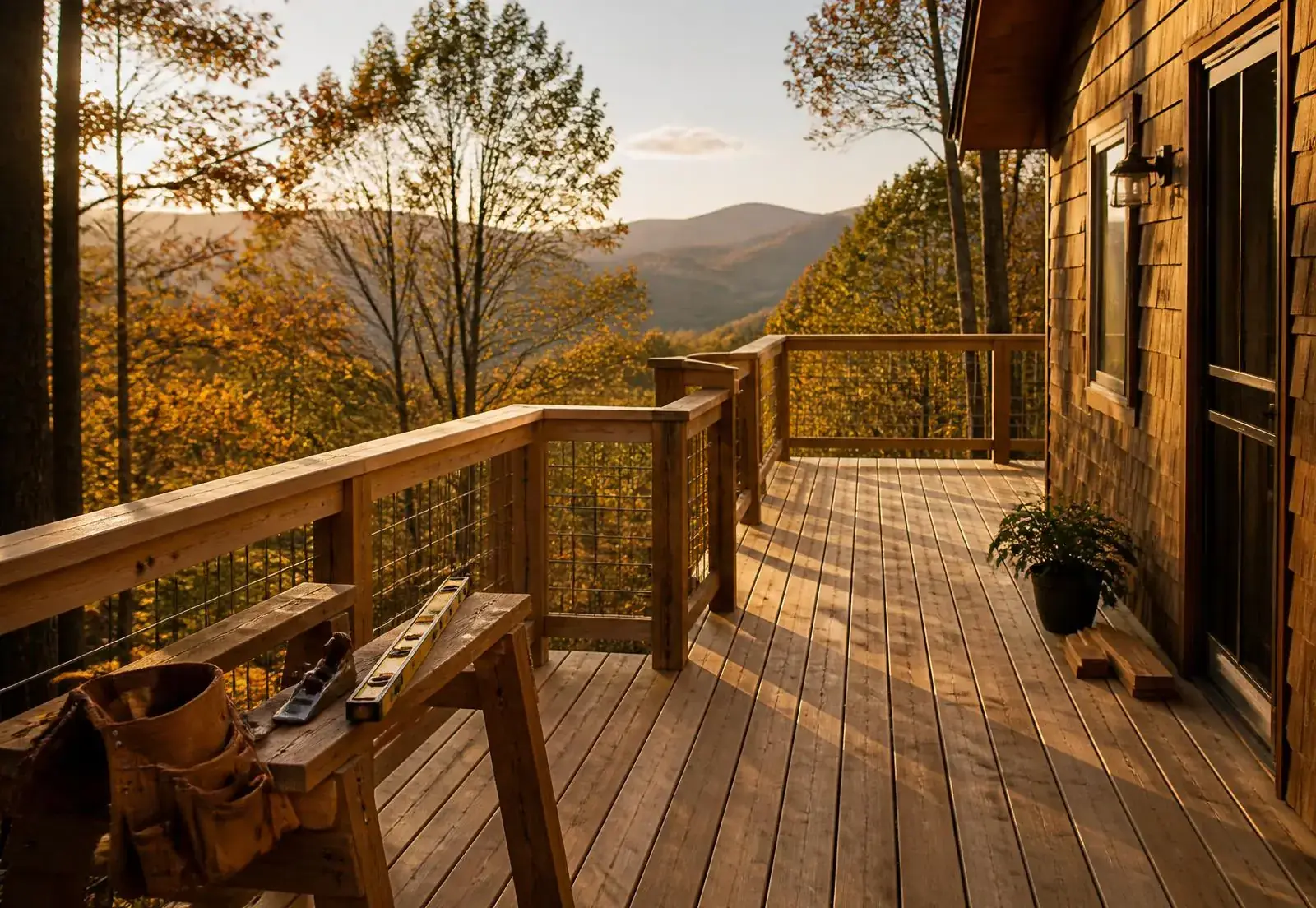 Newly built cedar deck overlooking the Blue Ridge mountains at sunset